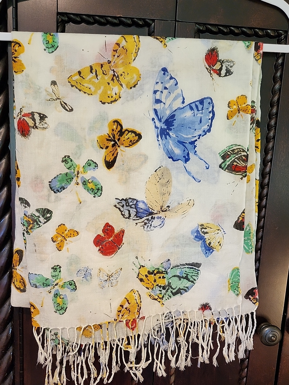 Butterfly Print Lightweight Scarf in White with Multicolor Butterflies